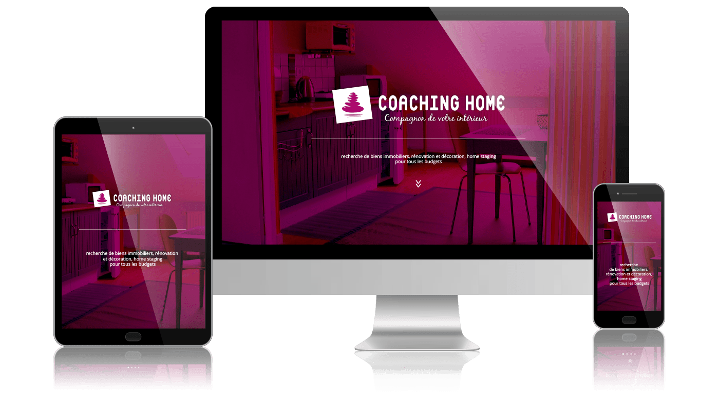 Site web créé pour Coaching Home par Caramel & Paprika - Visualisation de la page d'accueil sur ordinateur, tablette et smartphone (photo © Catherine Harleux)