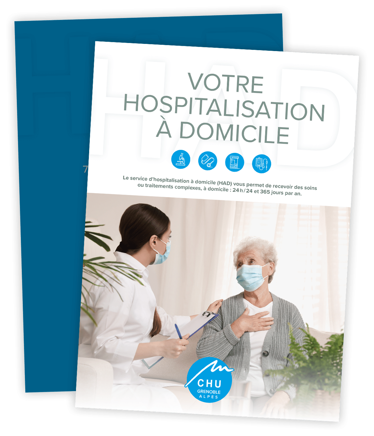 Guide de l'hospitalisation à domicile créé pour le CHU Grenoble-Alpes par Caramel & Paprika - Couverture et dos de la pochette à rabats (photo Adobe Stock)