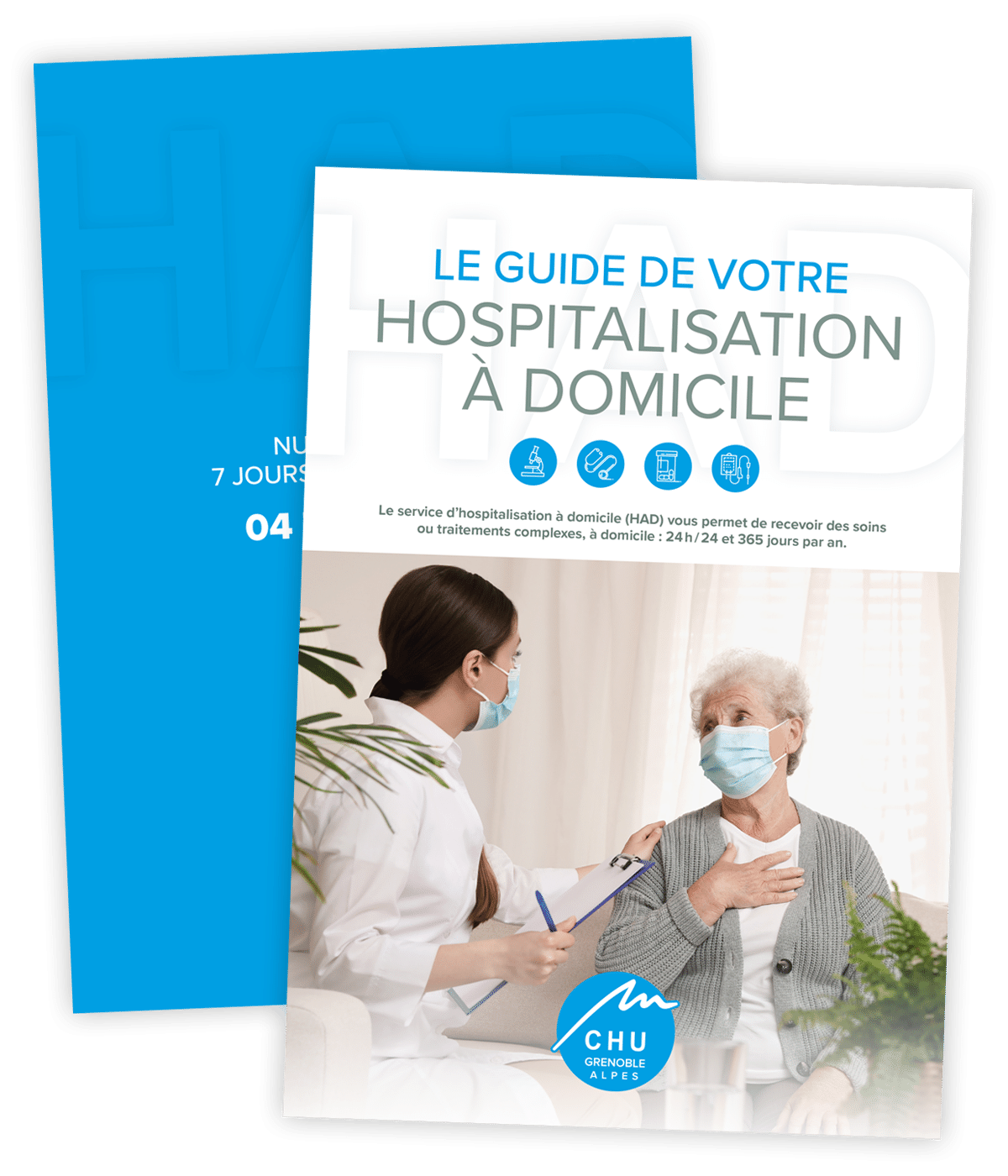 Guide de l'hospitalisation à domicile créé pour le CHU Grenoble-Alpes par Caramel & Paprika - Première et dernière pages de couverture du livret Adultes (photo Adobe Stock)