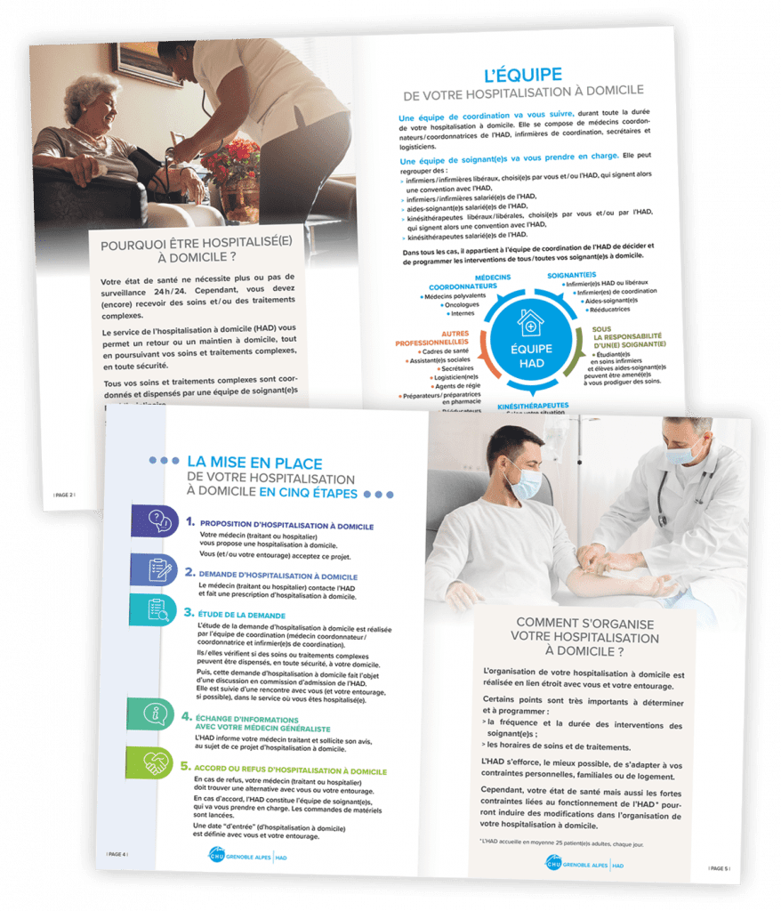 Guide de l'hospitalisation à domicile créé pour le CHU Grenoble-Alpes par Caramel & Paprika - Deux doubles pages du livret Adultes (photo Adobe Stock)