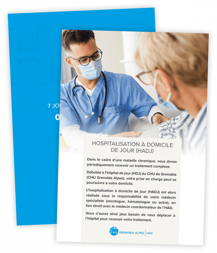 Guide de l'hospitalisation à domicile créé pour le CHU Grenoble-Alpes par Caramel & Paprika - Première et dernière pages de couverture du dépliant HADJ (photo Adobe Stock)