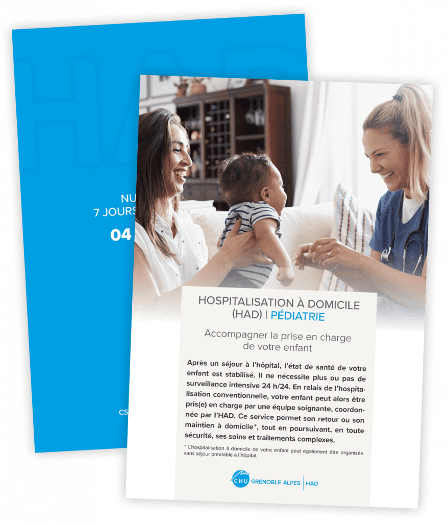 Guide de l'hospitalisation à domicile créé pour le CHU Grenoble-Alpes par Caramel & Paprika - Première et dernière pages de couverture du livret Pédiatrie (photo Adobe Stock)