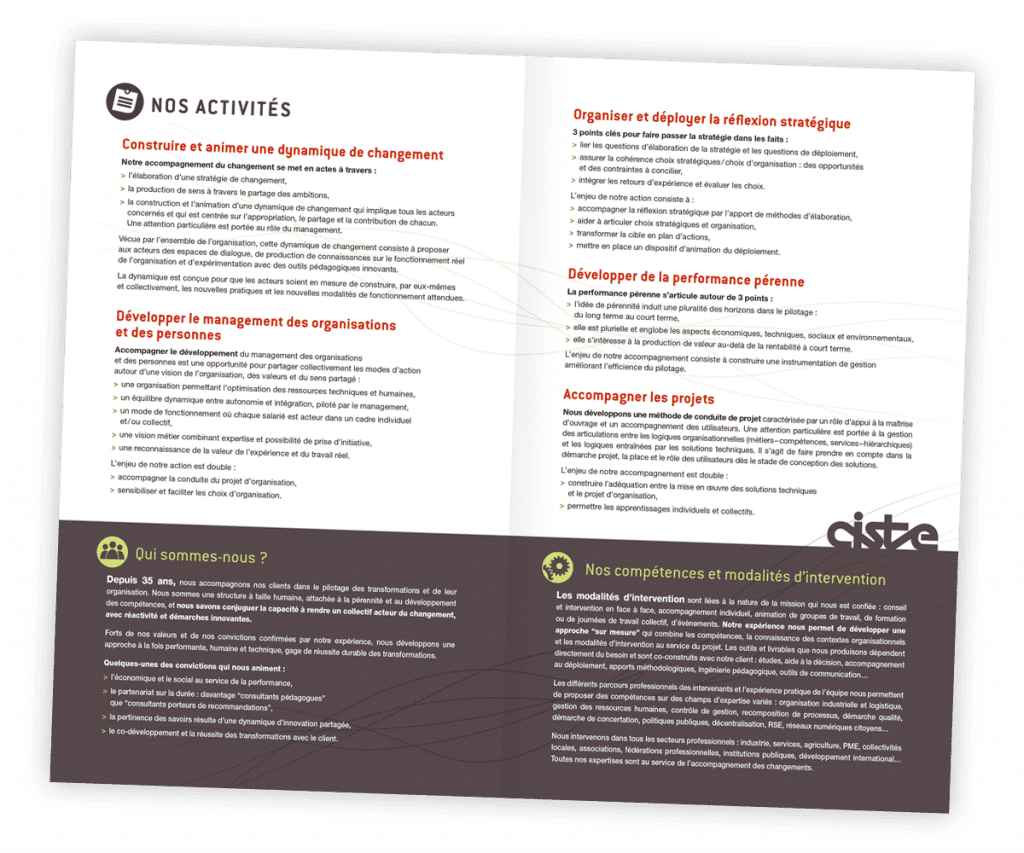 Plaquette commerciale créée pour Ciste, centre d'intervention sociotechnique (Seyssins, 38) par Caramel & Paprika - Première et dernière pages de couverture