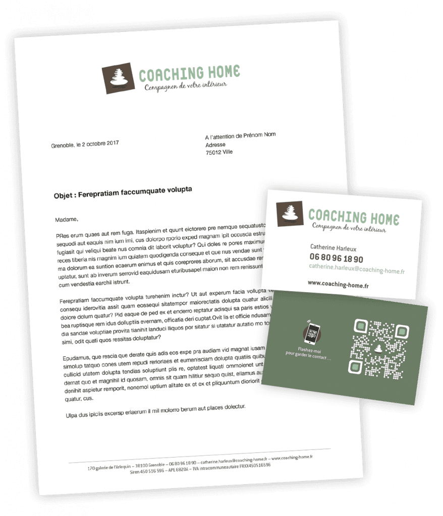 Identité visuelle créée pour Coaching Home par Caramel & Paprika - Tête de lettre et carte de visite recto / verso