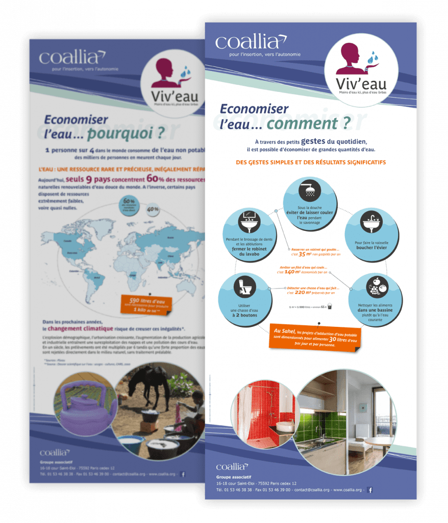 Exposition itinérante Viv'eau, huit panneaux créés pour Coallia par Caramel & Paprika - Panneaux 5 et 6 : les raisons et les moyens de réduire notre consommation d'eau (photos © Coallia)