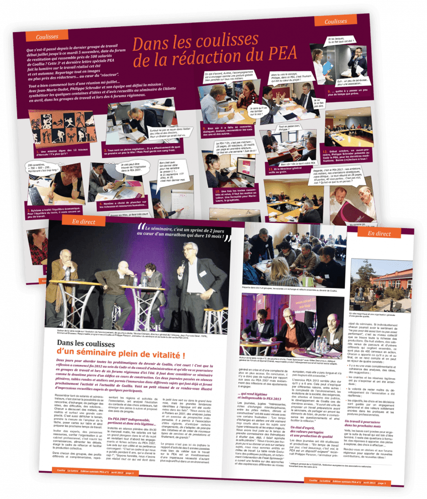 Identité visuelle créée pour le PEA 2013 de Coallia (Projet d'entreprise associative) par Caramel & Paprika - Deux doubles pages intérieures de la version spéciale PEA de La Lettre, information destinées aux salariés (photos © Coallia)