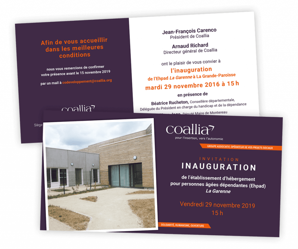 COALLIA - Identité visuelle rénovée - Modèle invitation 1 Nouvelle identité visuelle créée pour Coallia par Caramel & Paprika - Modèle d'invitation horizontale recto / verso (photo © Coallia)