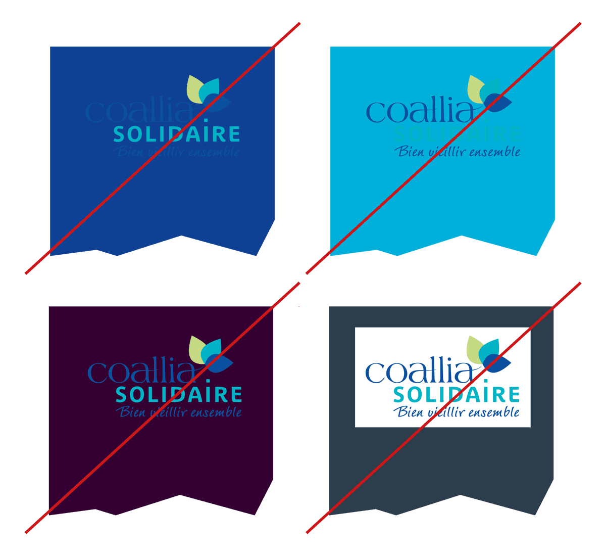 Identité visuelle légère créée pour Coallia Solidaire par Caramel & Paprika - Extrait de la charte graphique, fonds de couleur interdits