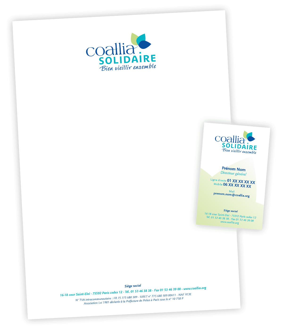 Identité visuelle légère créée pour Coallia Solidaire par Caramel & Paprika - Tête de lettre et carte de visite