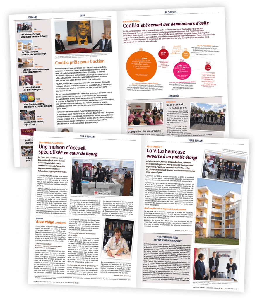 Magazine Dimensions humaines créé pour Coallia par Caramel & Paprika - Premières pages de couverture des numéros 1, 2 et 3 (photos © Coallia)