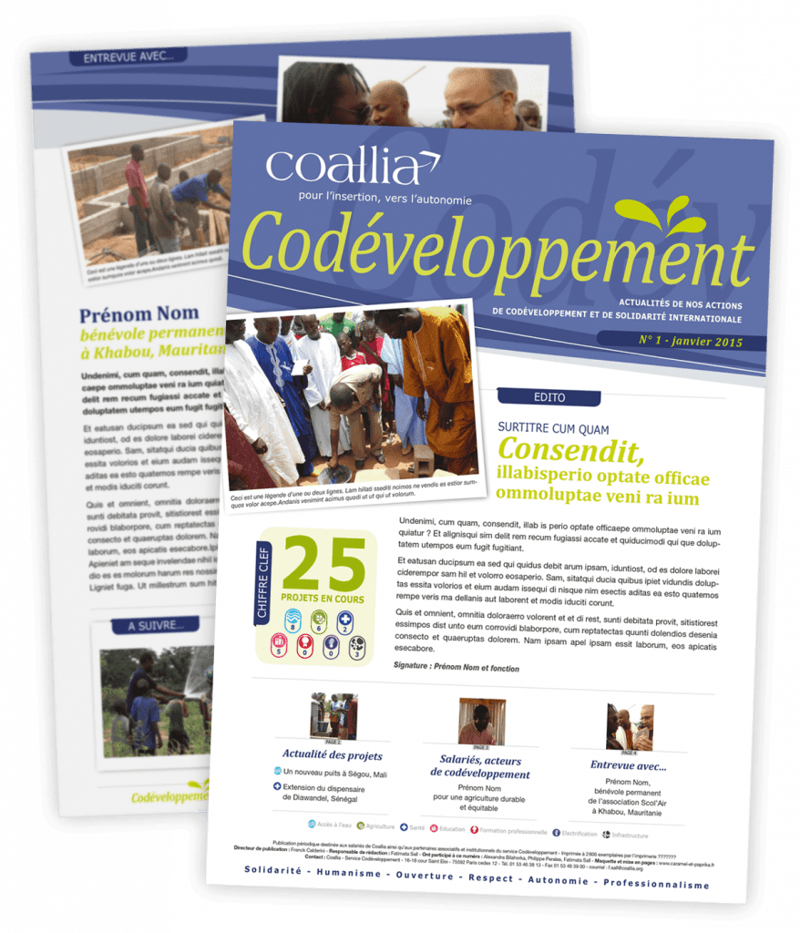 COALLIA - La Lettre du Codéveloppement - Couverture La Lettre du Codéveloppement, périodique d'information, maquette créée pour Coallia par Caramel & Paprika - Première et dernière pages de couverture (photos © Coallia)