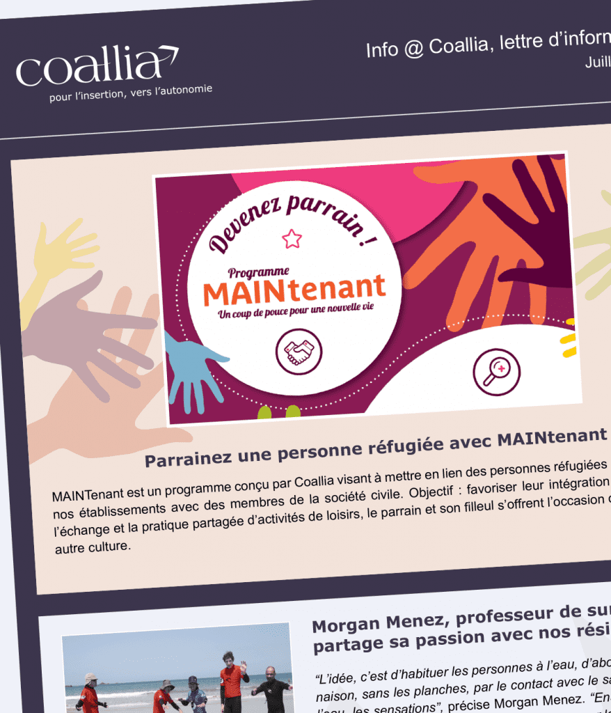 Modèle de newsletter créée pour Coallia par Caramel & Paprika - Entête zoomé de la première version proposée (photos © Coallia)