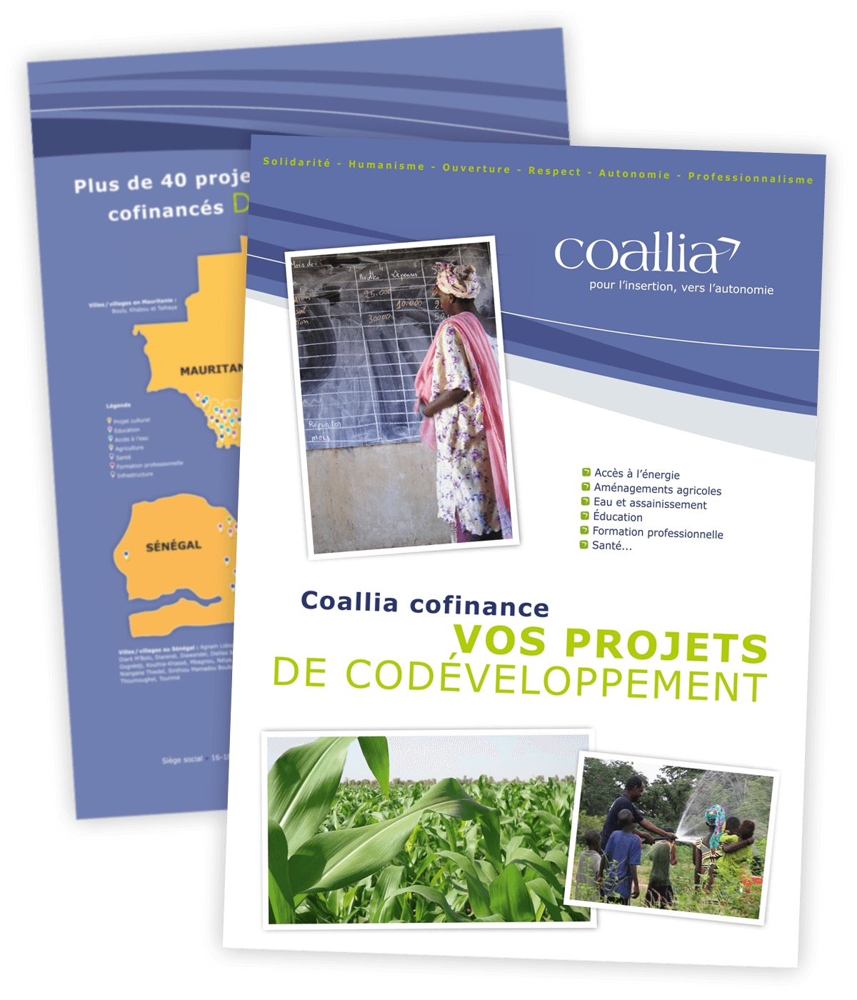 Plaquette de promotion des actions de codéveloppement créée pour Coallia par Caramel & Paprika - Première et dernière pages de couverture (photos © Coallia)