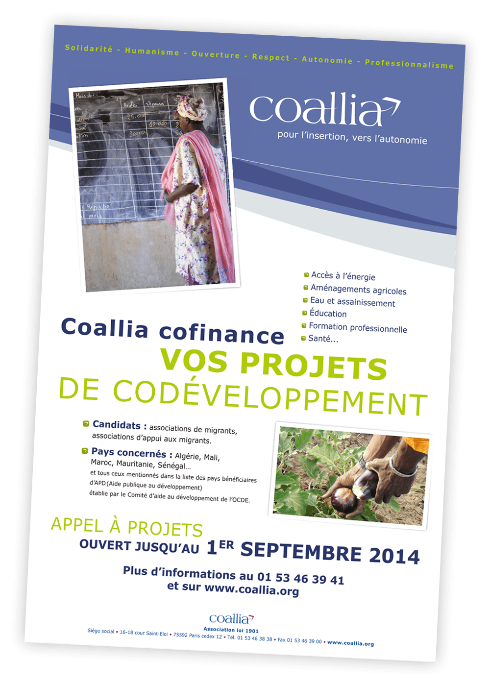 Plaquette de promotion des actions de codéveloppement créée pour Coallia par Caramel & Paprika - Affiche d'appel à projets L40 X H60 cm (photos © Coallia)