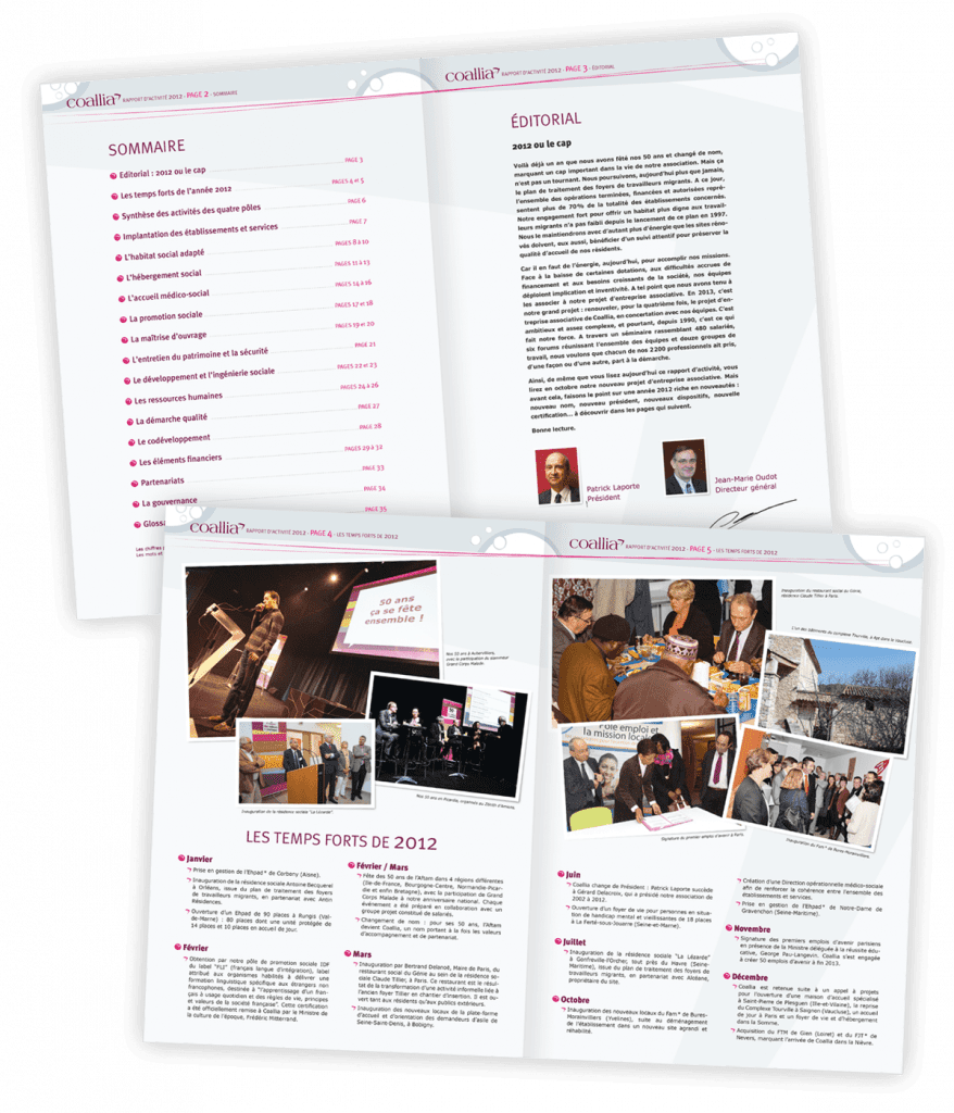 Rapport annuel 2012 réalisé pour Collia par Caramel & Paprika - Deux doubles pages intérieures 2 à 5 (photos © Coallia)
