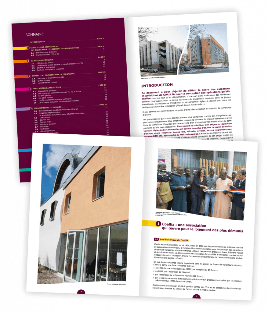 Référentiel technique pour la conception de résidences sociales créé pour Coallia par Caramel & Paprika - Doubles pages intérieures 2 à 5 (photos © Coallia / Stephan Lucas / 11h45)