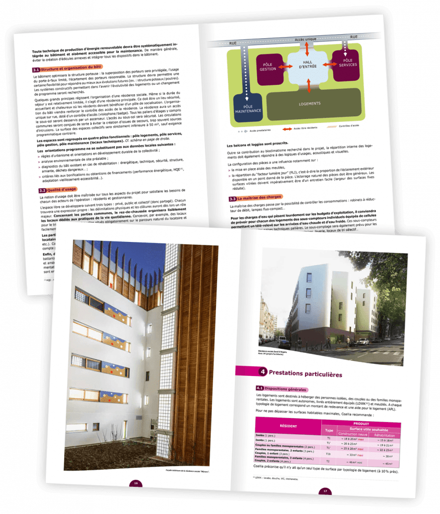 Référentiel technique pour la conception de résidences sociales créé pour Coallia par Caramel & Paprika - Première et dernière pages de couverture (photo résidence Les Mûriers à Paris © 11h45)