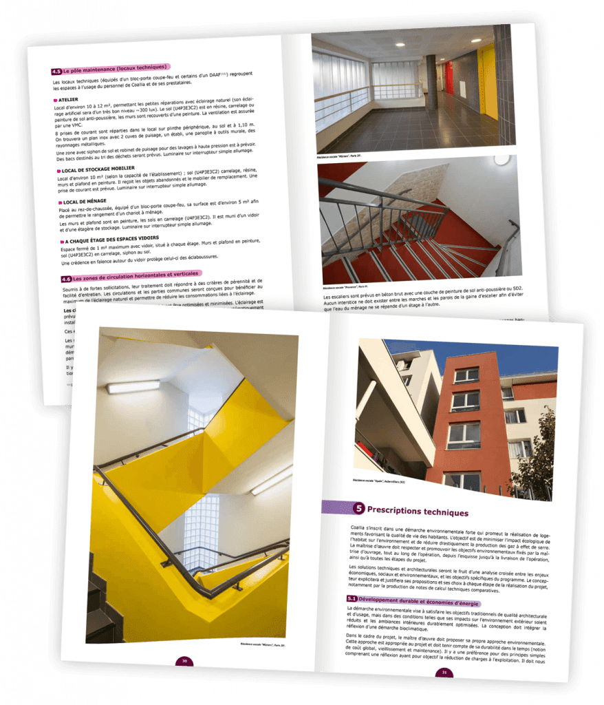 Référentiel technique pour la conception de résidences sociales créé pour Coallia par Caramel & Paprika - Doubles pages intérieures 28à 31 (photos © Coallia / Sylvain Frappat / 11h45)