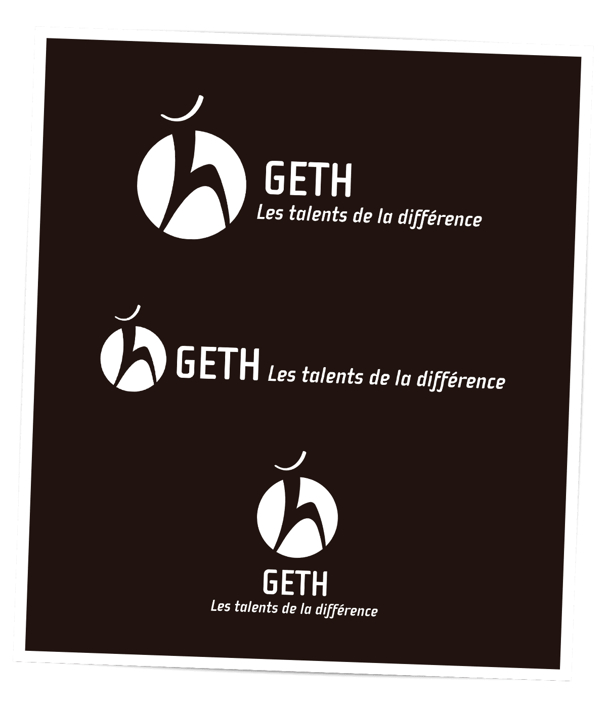 Nouveau logo créé pour le GETH, groupement d'employeurs de travailleurs handicapés, par Caramel & Paprika - Versions négatives du logo de base et des versions alternatives pour intégration sur fonds chargées