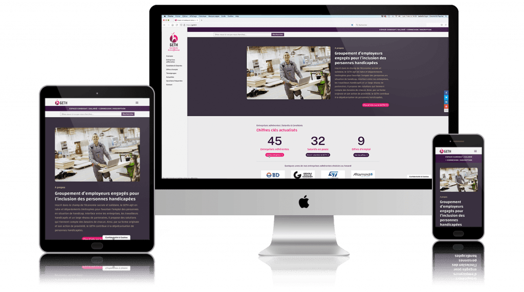 GETH - Site web - Ecrans Site web créé pour le GETH, groupement d'employeurs de travailleurs handicapés, par Caramel & Paprika - Visualisation de la page d'accueil sur ordinateur, tablette et smartphone (photo Adobe Stock)