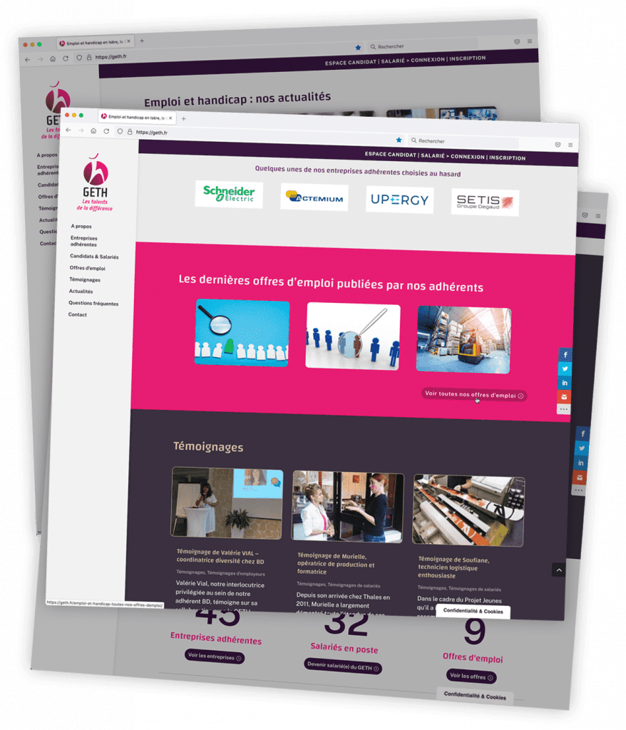 GETH - Site web - Extrait page d'accueil Site web créé pour le GETH, groupement d'employeurs de travailleurs handicapés, par Caramel & Paprika - Extrait de la page d'accueil sur tablette (photo Adobe Stock)