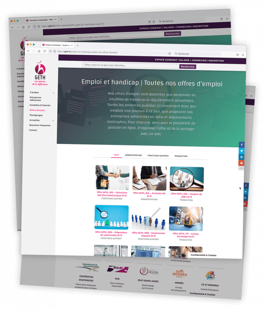 GETH - Site web - Page Liste offres d'emploi Site web créé pour le GETH, groupement d'employeurs de travailleurs handicapés, par Caramel & Paprika - Page liste des offres d'emploi (photos © GETH, Adobe Stock, Canva)