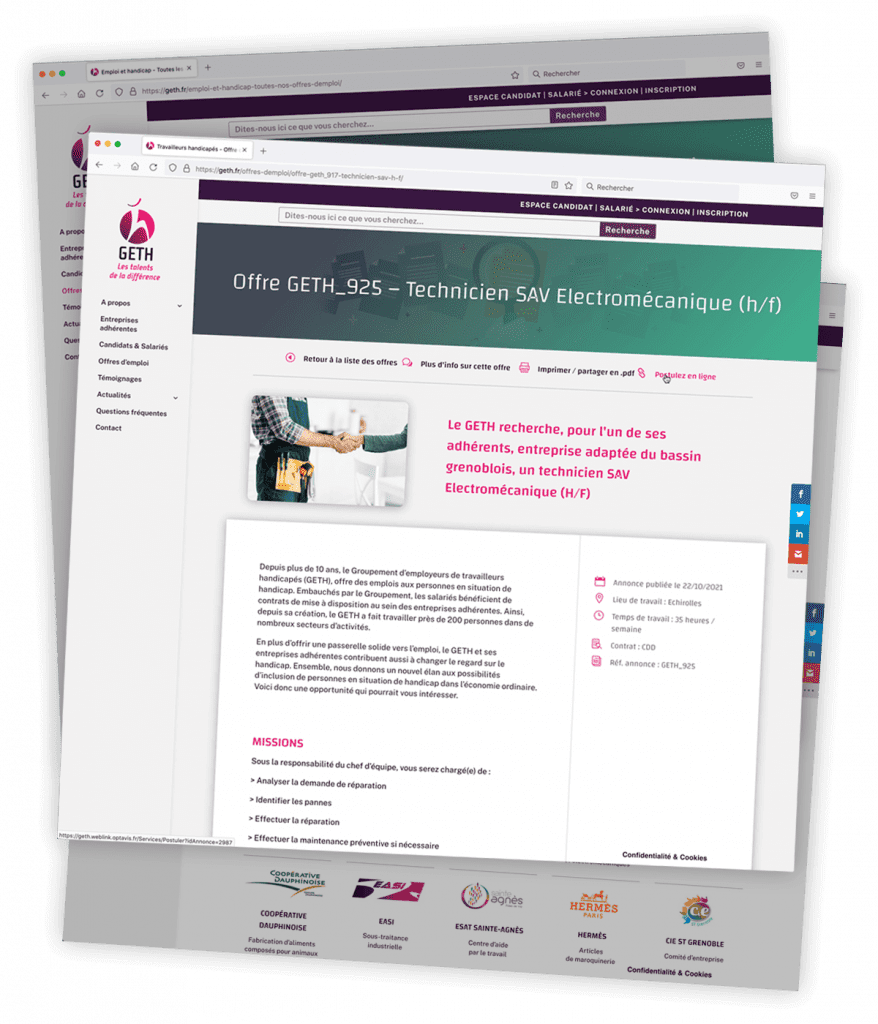GETH - Site web - Page détail offres d'emploi Site web créé pour le GETH, groupement d'employeurs de travailleurs handicapés, par Caramel & Paprika - Page détail d'une offre d'emploi