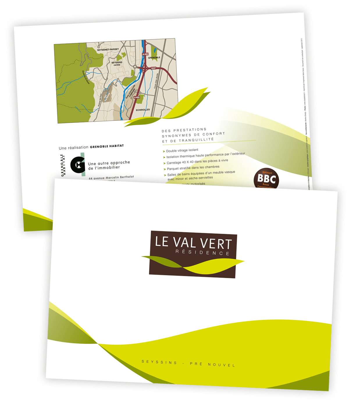 Identité visuelle du Val vert, programme immobilier neuf, créée pour Grenoble Habitat par Caramel & Paprika - Première et dernière pages de couverture de la plaquette commerciale