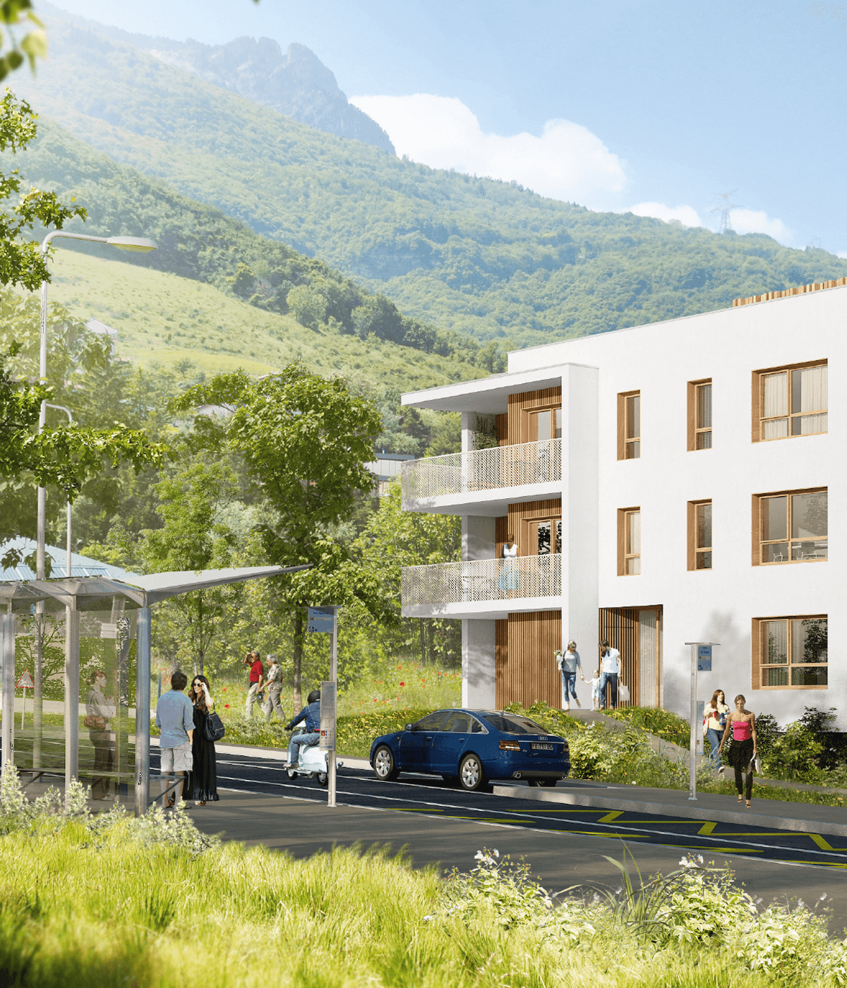 Identité visuelle du Val vert, programme immobilier neuf, créée pour Grenoble Habitat par Caramel & Paprika - Extrait de la vue en 3D du projet (Perspective 3D © Basilico Design)