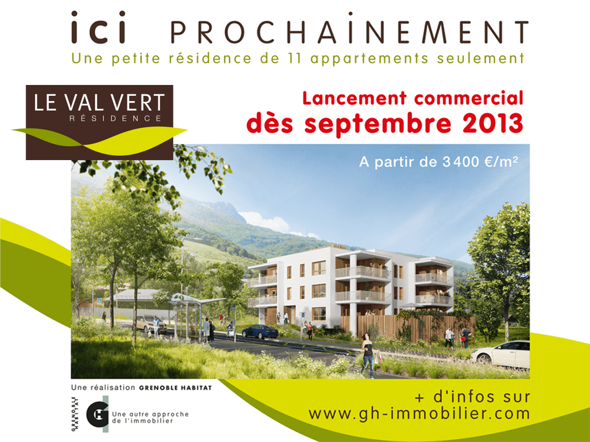Identité visuelle du Val vert, programme immobilier neuf, créée pour Grenoble Habitat par Caramel & Paprika - Panneau de chantier (Perspective 3D © Basilico Design)