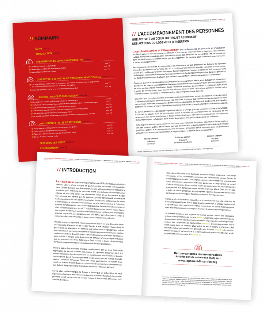 Rapport d'étude sur le logement d'insertion créé pour les Acteurs du Logement d'Insertion par Caramel & Paprika - Deux doubles pages intérieures Sommaire et Introduction