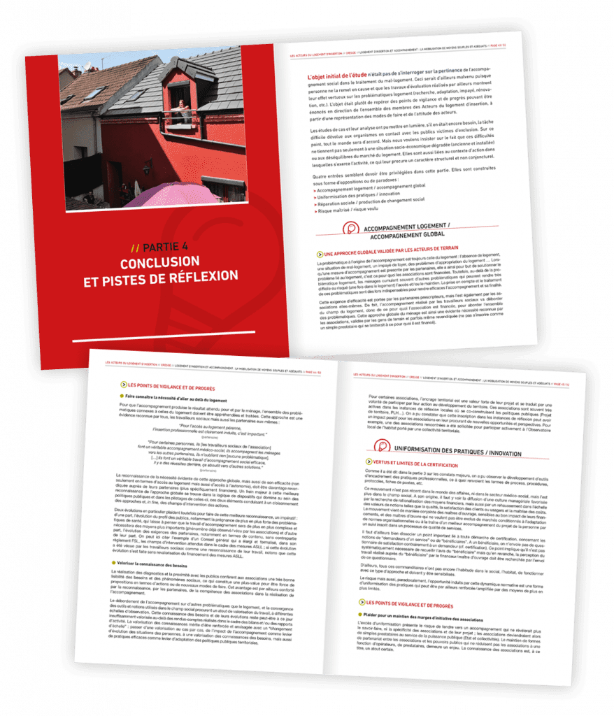 Rapport d'étude sur le logement d'insertion créé pour les Acteurs du Logement d'Insertion par Caramel & Paprika - Deux doubles pages intérieures 42 à 45 (photo © Rémi Lecourieux)