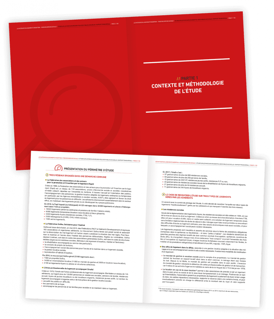 Rapport d'étude sur les parcours résidentiels créé pour Les Acteurs du Logement d'Insertion par Caramel & Paprika - Deux doubles pages intérieures d'entrée du chapitre 1 du rapport complet