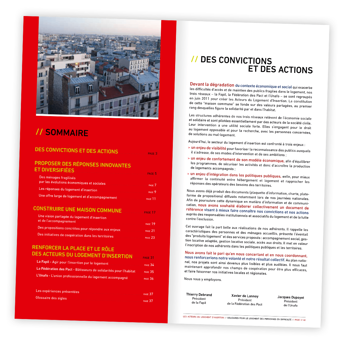 Livre blanc "Solidaires pour le logement des personnes en difficulté" créé pour les Acteurs du Logement d'Insertion par Caramel & Paprika - Double page intérieure 2 et 3 (photo © Ljubisa Danilovic)