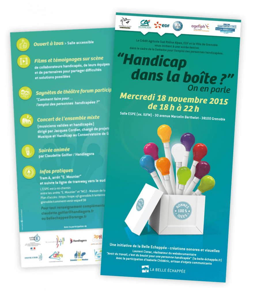 Affiche "Handicap dans la boîte…" créée par Caramel et Paprika pour La Belle Echappée - Flyer recto / verso