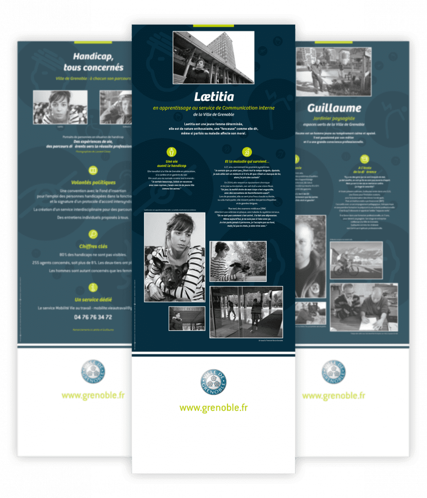 Exposition de portraits sur l'emploi des personnes en situation de handicap créée par Caramel & Paprika pour La Belle Echappée - Trois des sept panneaux réalisés pour la Ville de Grenoble (photos © Laurent Cistac)