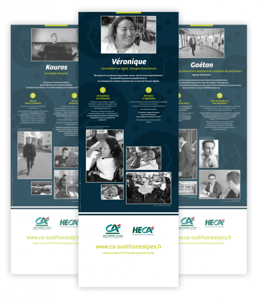 Exposition de portraits sur l'emploi des personnes en situation de handicap créée par Caramel & Paprika pour La Belle Echappée - Trois des sept panneaux réalisés pour le Crédit Agricole Sud Rhône-Alpes (photos © Laurent Cistac)