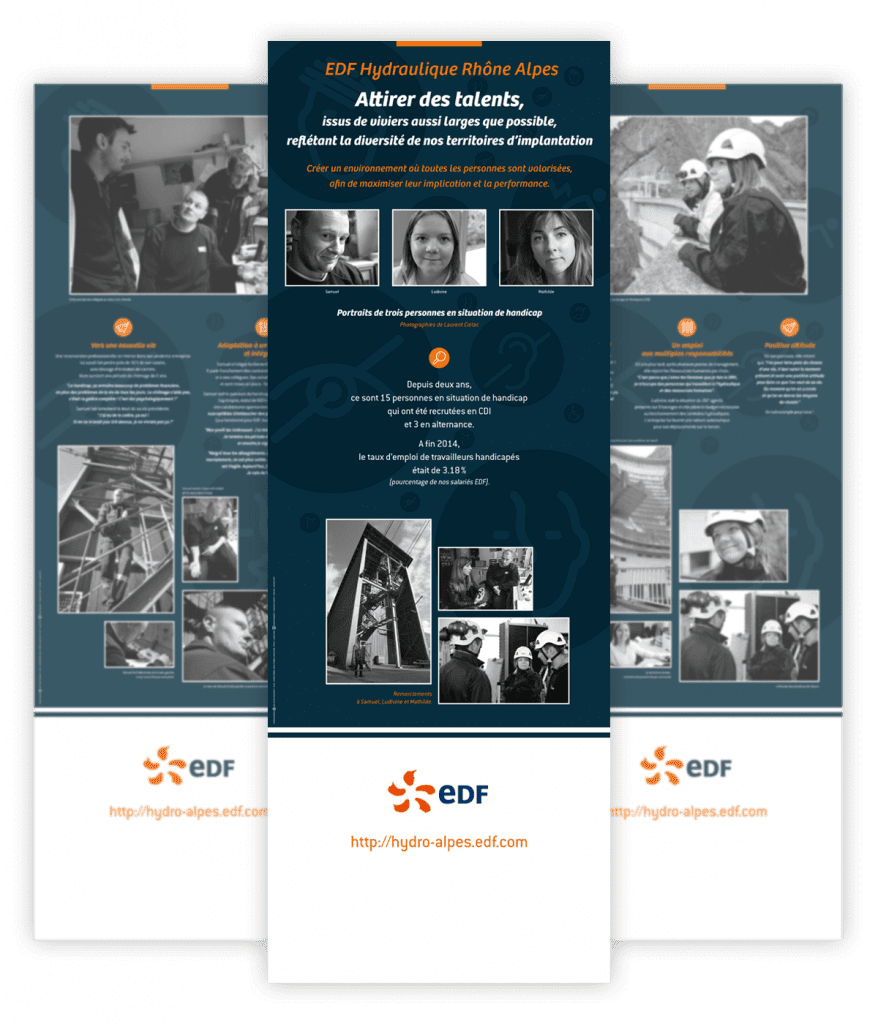 Exposition de portraits sur l'emploi des personnes en situation de handicap créée par Caramel & Paprika pour La Belle Echappée - Trois des sept panneaux réalisés pour EDF Hydraulique Rhône-Alpes (photos © Laurent Cistac)