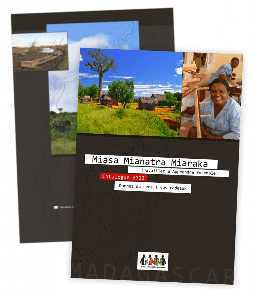 Catalogue produits créé pour Miasa Mianatra Miaraka, association d'artisans malgaches (Antananarive, Madagascar) par Caramel & Paprika - Deux doubles pages intérieures 4 à 7 (photos © Yves Rouillard, Antoine Laffitte et Denis Gendre)