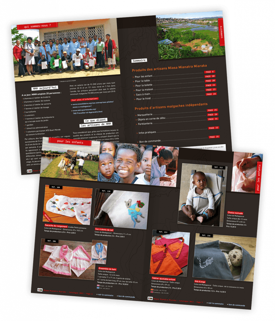 Catalogue produits créé pour Miasa Mianatra Miaraka, association d'artisans malgaches (Antananarive, Madagascar) par Caramel & Paprika - Première et dernière pages de couverture (photos © Yves Rouillard, Antoine Laffitte et Denis Gendre)