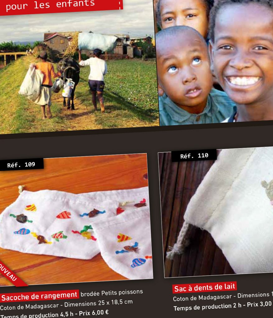 Catalogue produits créé pour Miasa Mianatra Miaraka, association d'artisans malgaches (Antananarive, Madagascar) par Caramel & Paprika - Zoom sur la page 6 (photos © Yves Rouillard, Antoine Laffitte et Denis Gendre)