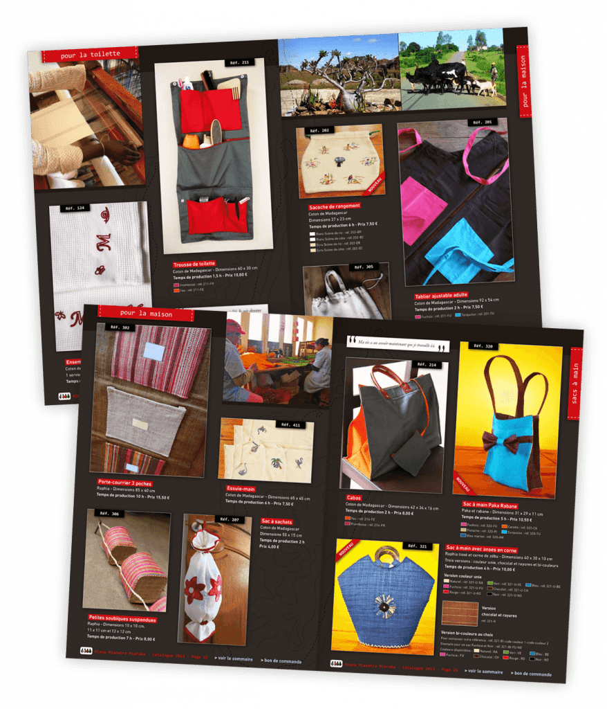 Catalogue produits créé pour Miasa Mianatra Miaraka, association d'artisans malgaches (Antananarive, Madagascar) par Caramel & Paprika - Deux doubles pages intérieures 20 à 24 (photos © Yves Rouillard, Antoine Laffitte et Denis Gendre)