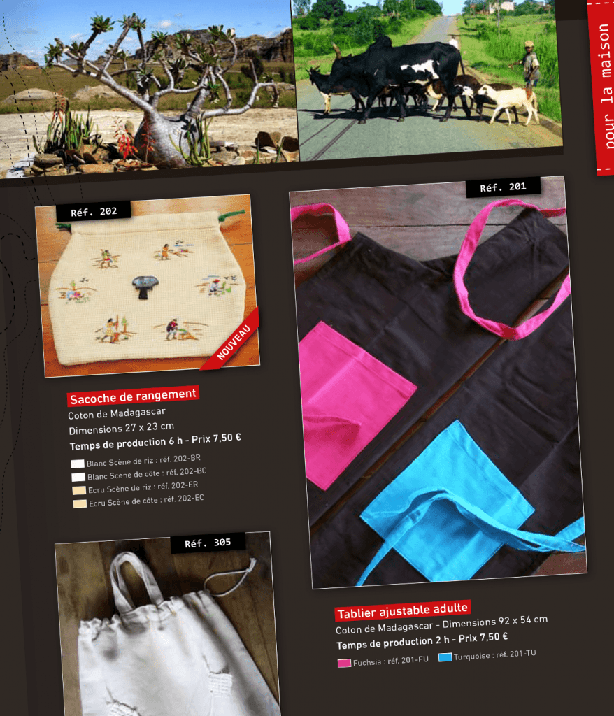 Catalogue produits créé pour Miasa Mianatra Miaraka, association d'artisans malgaches (Antananarive, Madagascar) par Caramel & Paprika - Zoom sur la page 20 (photos © Yves Rouillard, Antoine Laffitte et Denis Gendre)
