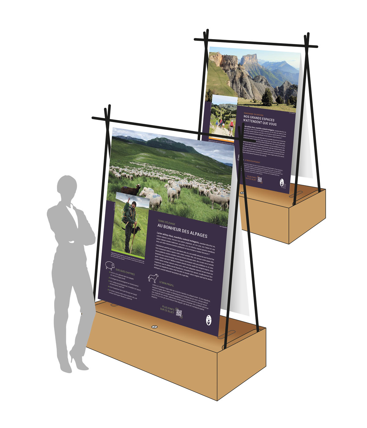 Exposition itinérante créée pour le Parc naturel régional du Vercors par Caramel & Paprika - Schéma de conception du mobilier d'exposition, vue 3D