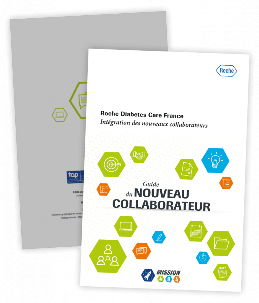 Deux guides d'intégration des nouveaux collaborateurs créé pour Roche Diabetes Care par Caramel & Paprika - Première et dernière pages de couverture du guide dédié aux collaborateurs recrutés