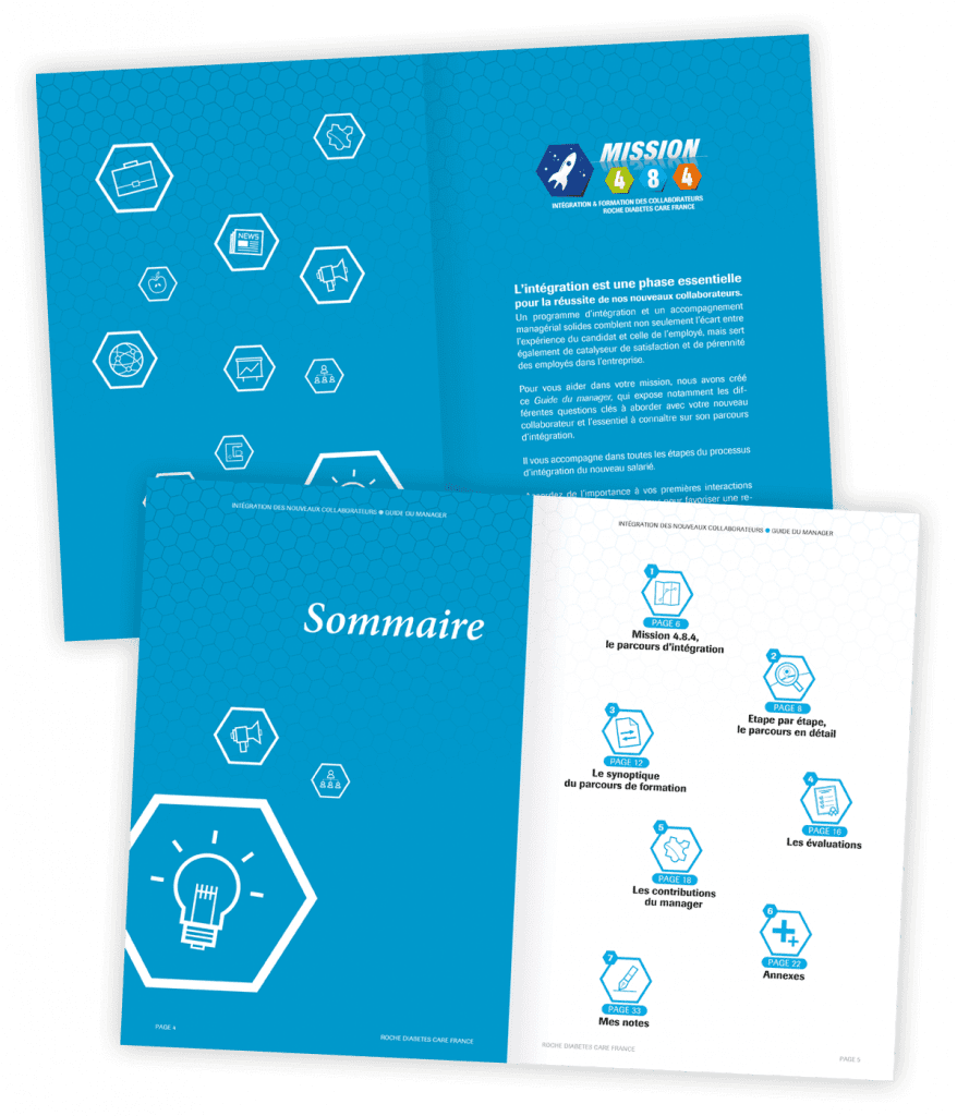 Deux guides d'intégration des nouveaux collaborateurs créé pour Roche Diabetes Care par Caramel & Paprika - Deux doubles pages d'ouverture du guide dédié aux managers des nouveaux collaborateurs recrutés