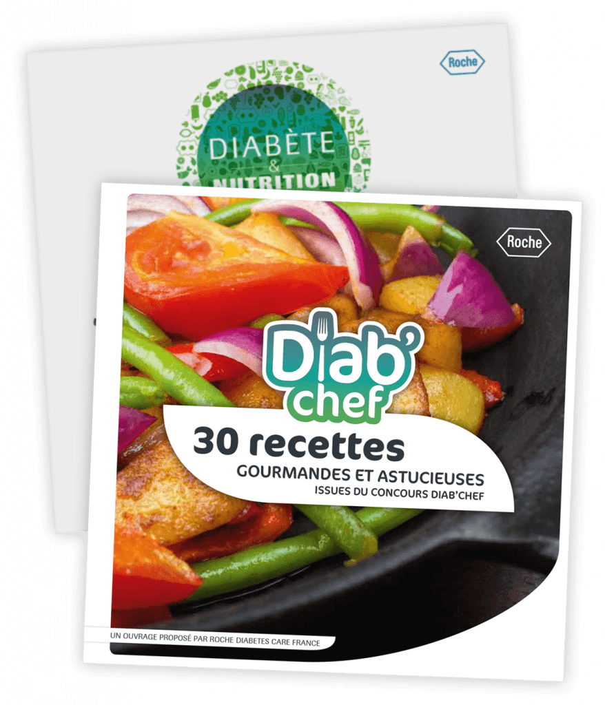 Livre de cuisine gourmande créé pour Roche Diabetes Care par Caramel & Paprika - Un exemplaire imprimé ouvert sur les pages 28 et 29 (photo © Anna-Marie, participante du concours Diab'Chef)