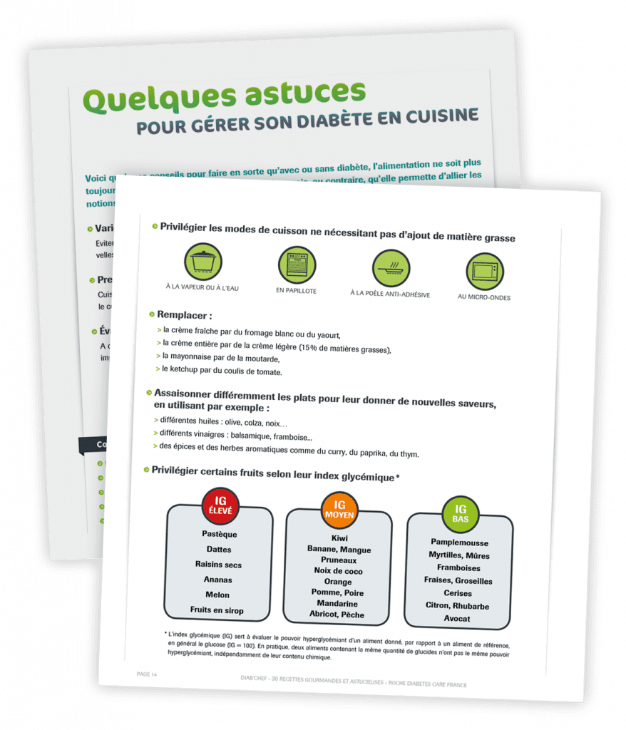 Livre de cuisine gourmande créé pour Roche Diabetes Care par Caramel & Paprika - Pages d'information sur le diabète 13 et 14