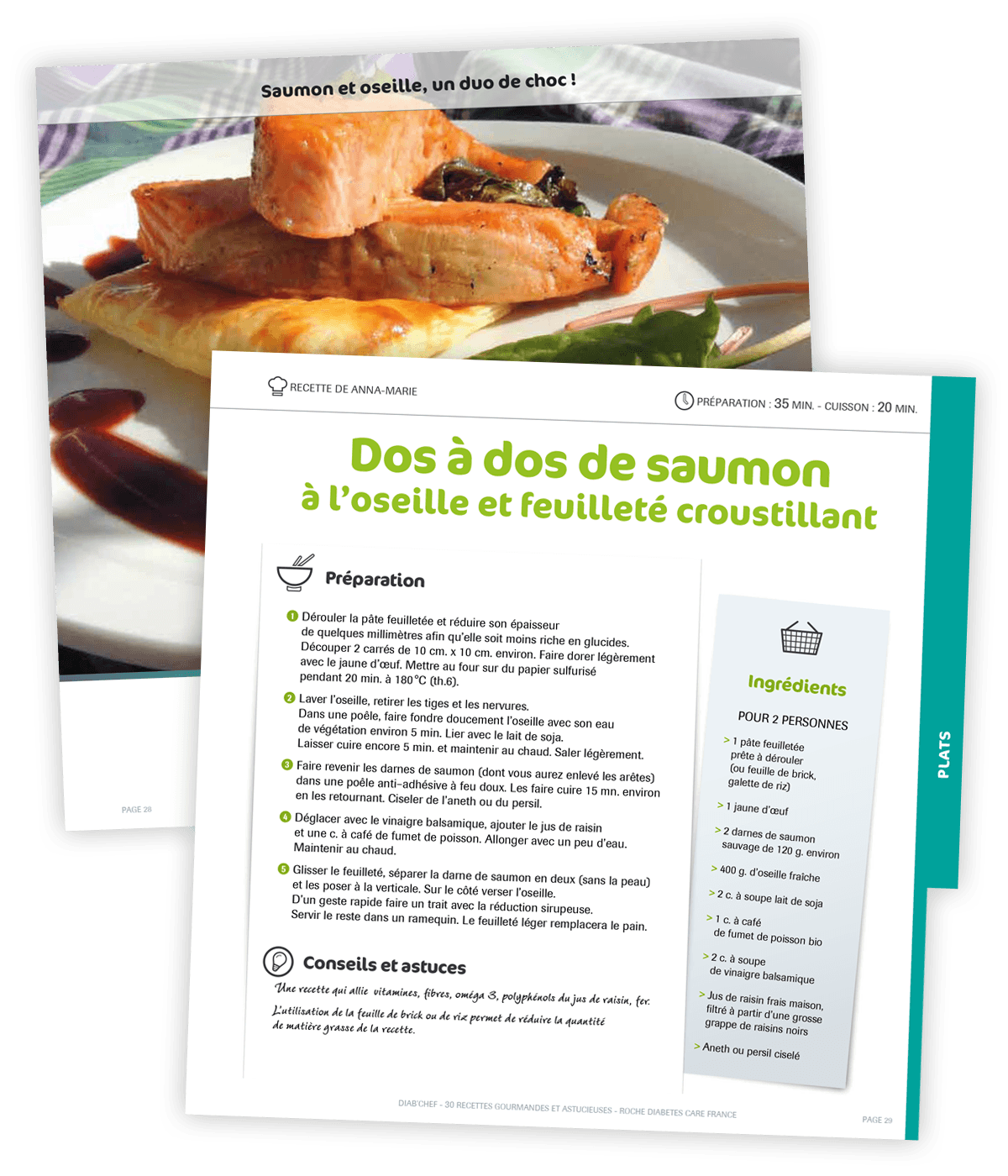 Livre de cuisine gourmande créé pour Roche Diabetes Care par Caramel & Paprika - Pages recette 28 et 29 (photo © Anna-Marie, participante du concours Diab'Chef)