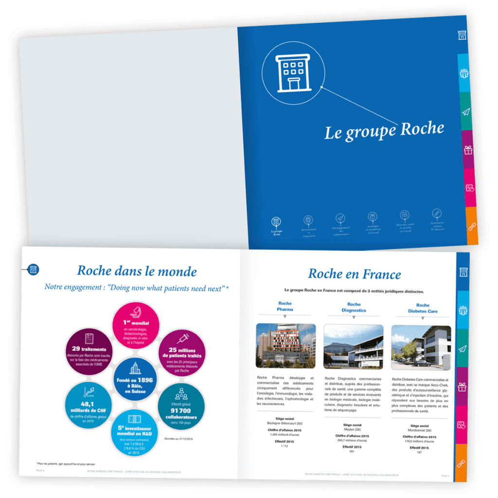 Livret d'accueil des nouveaux collaborateurs créé pour Roche Diabetes Care par Caramel & Paprika - Première et dernière pages de couverture (photos © Roche Diabetes Care)